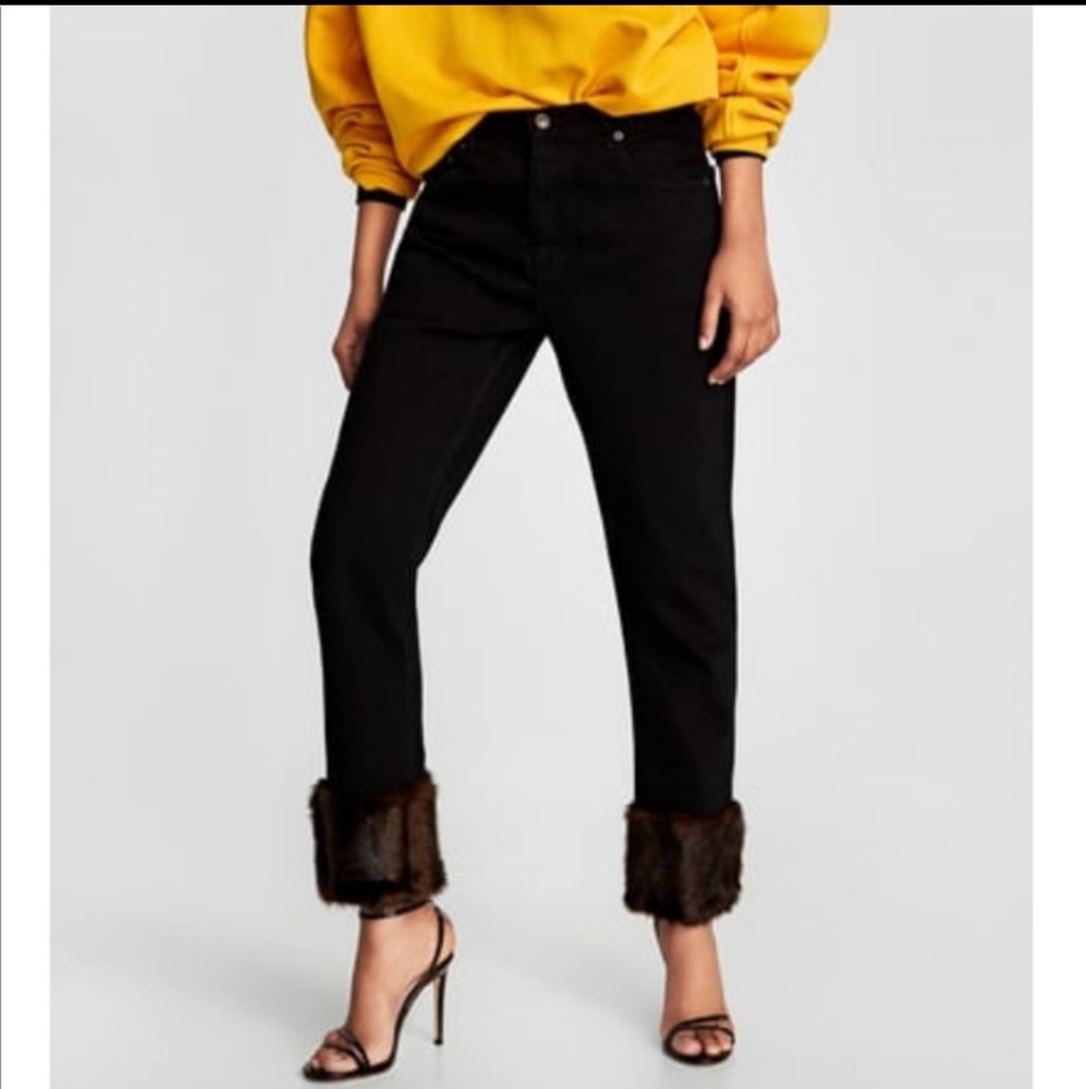 Zara Black Faux Fur Cuff Jeans NWOT